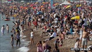 Sun-seekers packing out the beach in Brighton on Saturday afternoon