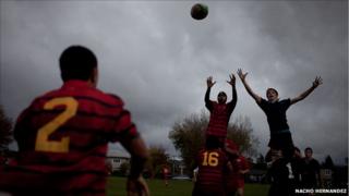 Lineout during a game at Rotorua Boys' High School