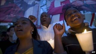 An evening vigil outside the South African parliament on Monday 3 October to call on the South African government to grant the Dalai Lama a visa