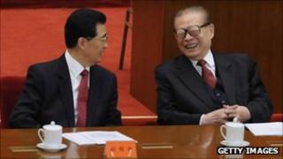President Hu Jintao (L) and former President Jiang Zemin, 9 October 2011
