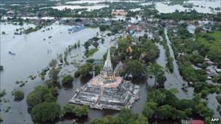 Aerial photo of flooded ancient capital city of Ayutthaya, north of Bangkok, on 16 October 2011