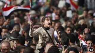 A young protester in Egypt joins calls for President Mubarak to step down - February 2011