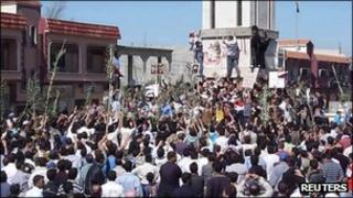Demonstrators protesting against Syria's President Bashar al-Assad