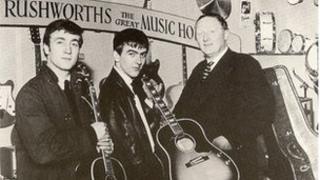 John Lennon and George Harrison in Rushworths, Liverpool