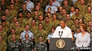US President Barack Obama and Australian Prime Minister Julia Gillard at RAAF Darwin on November 17