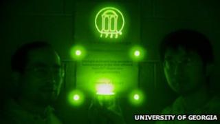The phosphorescent material seen through a night-vision device