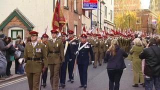The 9th/12th Royal Lancers march through Derby city centre