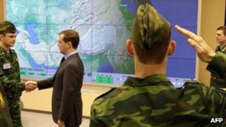 Russian President Dmitry Medvedev visits the new Voronezh-DM radar unit in Kaliningrad, 29 November