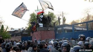 Protesters scale embassy walls. 29 Nov 2011