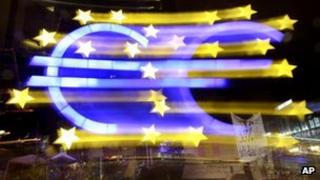 The euro sculpture at the European Central Bank in Frankfurt