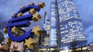 The euro sculpture in front of the ECB in Frankfurt