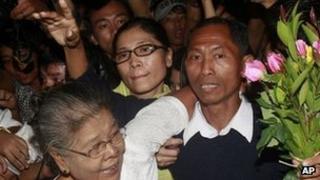 Student activist Ko Ko Gyi arrives in Yangon with flowers after his release - 13 January