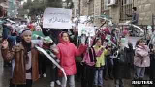 Photo posted online purportedly showing children protest against President Bashar al-Assad in Zabadani, near Damascus (13 January 2012)