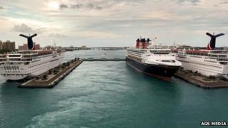 Prince George Wharf, in Nassau Harbour - left to right MS Carnival Fascination, MS Disney Wonder, MS Carnival Sensation