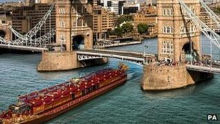 Artist's impression of The Royal Barge by Tower Bridge