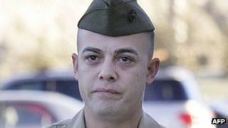 Sgt Frank Wuterich walks into court for opening statements in the Haditha murders trial at Camp Pendleton, 9 January 2012