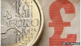 euro coin and £10 note