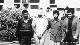 1979 file photo of an American hostage is shown before the media by his Iranian captors, Tehran, Iran 09 November 1979