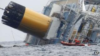 Italian coastguard dinghy by the Costa Concordia off Italy (29 Jan 2012)