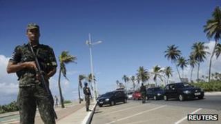 Army soldiers on patrol in Salvador on 5 February 2012