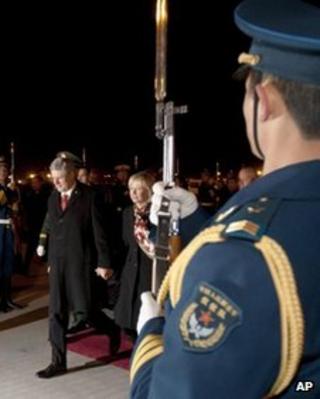 Canadian Prime Minister Stephen Harper and his wife Laureen arrive in Beijing, 7 February, 2012