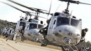 Cobra and Huey helicopters return to North Carolina, 3 February 2012 (file pic)