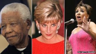 Nelson Mandela, Princess Diana, Dame Shirley Bassey