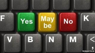 Close-up of computer keyboard keys bearing the words 'Yes', 'Maybe' or 'No' (left to right)