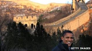 US President Barack Obama tours the Great Wall on 18 November 2009 during his trip to China