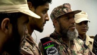 Zintan militia commanders at Tripoli airport (man with beard is Abdelhakkim Sheibi)