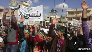 Demonstration against President Assad in Binsh, near Idlib, 2 march