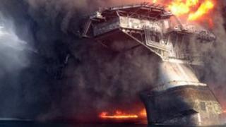 Deepwater Horizon oil rig in flames after explosion