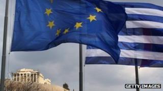 EU and Greek flags flying in Athens