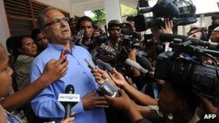 President Jose Ramos Horta speaks to reporters after voting in Dili