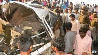 Wreckage of vehicle struck by train at level crossing near Madu station in Uttar Pradesh, India - 20 March 2012