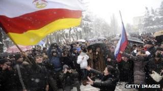 Supporters of South Ossetia's presidential candidate Alla Dzhioyeva rally in Tskhinvali, the capital of Georgia's breakaway region