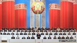 Belarussian President Alexander Lukashenko (C, standing) addresses delegates during the 4th All-Belarusian national assembly in Minsk