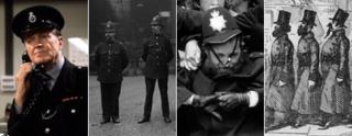 (left to right); Jack Warner in the TV series Dixon of Dock Green; railway pickets and police at Euston Station in London during the railway strike; cartoon featuring a line of policemen in beards striking terror into the hearts of the local children, entitled, 'The Police wear Beards and Moustaches - Panic Among The Street Boys'; Police attempt to hold the picket line at the Grunwick photo-processing Laboratory in Willesden, London, in 1977