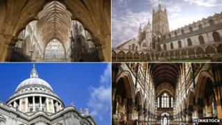 (Clockwise) Vaulted ceiling of Exeter Cathedral; Gloucester Cathedral; St Paul's Cathedral in Melbourne, Australia; St Paul's Cathedral in London