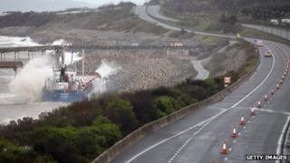 The grounded ship, close to the main A55 coast road - pictured on Thursday