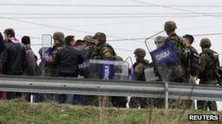 Riot police block one of the entrances to Skopje, April 13, 2012