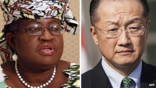 L: Nigeria's Finance Minister Ngozi Okonjo-Iweala; R: Jim Yong Kim