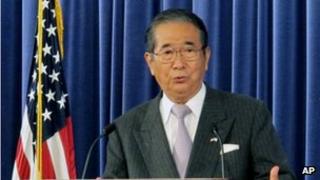 Губернатор Токио Синтаро Исихара выступает на форуме Фонда наследия в Вашингтоне 16 апреля 2012 года.