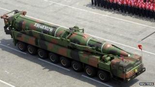 A rocket is carried by a military vehicle during a military parade to celebrate the centenary of the birth of Kim Il-sung in Pyongyang on 15 April, 2012 in this picture released by North Korea's KCNA