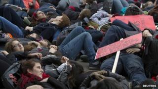 University students and teachers protest against higher tuition fees in Montreal, Canada 26 April 2012