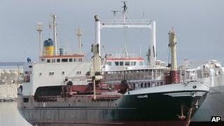 The ship "Lutfallah II" believed to be carrying three containers of weapons, is docked at a Lebanese navy base, in Beirut, Lebanon, on Saturday April 28, 2012.