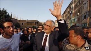 Abdul Moneim Aboul Fotouh waves during campaigning in Monofeya, 70km north of Cairo