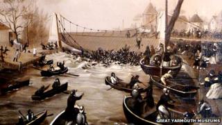 Painting of the Great Yarmouth suspension bridge disaster by CJW Winter 1845