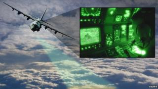 Aircraft above clouds and an illustration of what could be see with the new technology