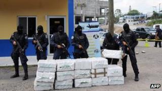 Police drug squad guard at least 400 kg of cocaine seized in La Mosquitia, in the Caribbean coast of Honduras, on 7 May 2012